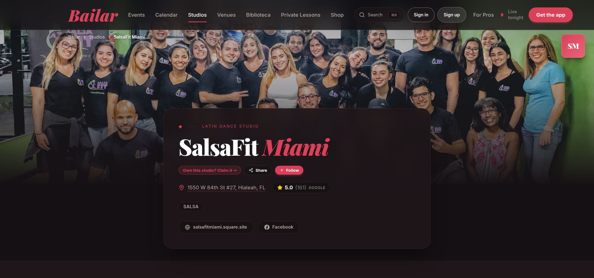 A real studio page on Bailar: photos, schedule, reviews, and upcoming events, as dancers see it